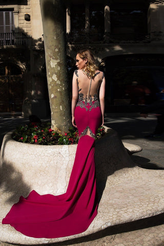 Formal Open Back Mermaid Dress with Train in Burgundy - Miss Mirelle
