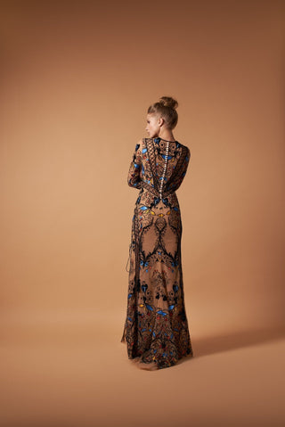 Boho Embellished Nude Effect Gown with Sleeves - Miss Mirelle