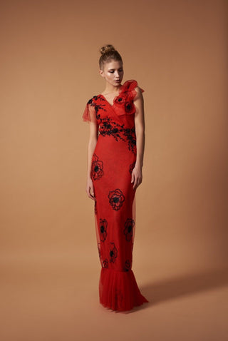 Red Evening Dress with Asymmetric Shoulders