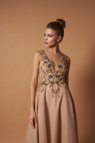 Beaded Embroidered Nude Champagne Gown - Miss Mirelle