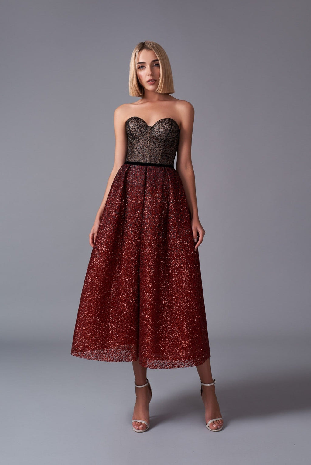 Cherry Noir Corset Midi Dress for Cocktail Party at Miss Mirelle Dress