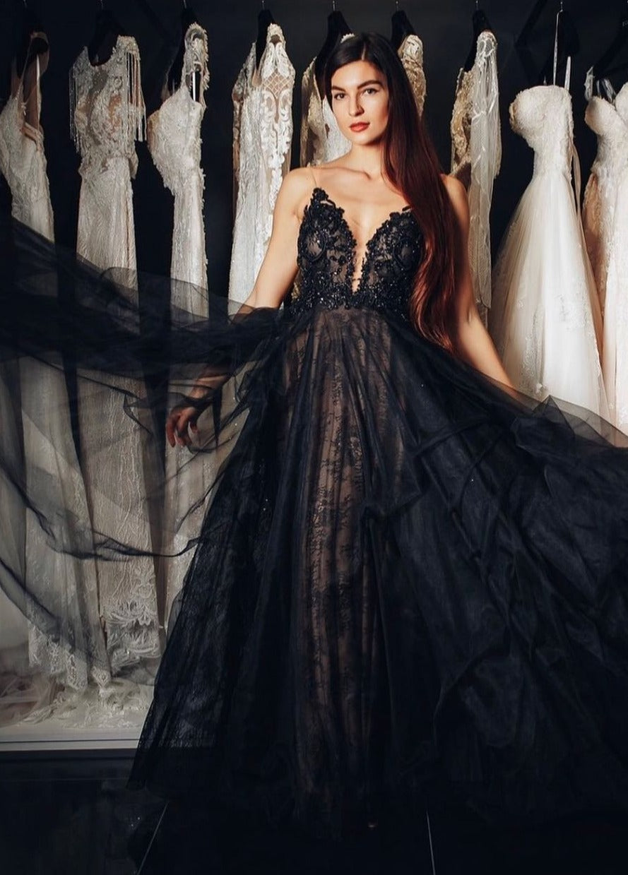 Onyx Black Lace Gown with Open Back - Main Image