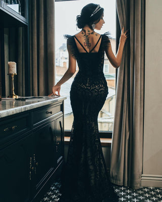 Modern Black Couture Gown With Ruffled Shoulders - Miss Mirelle