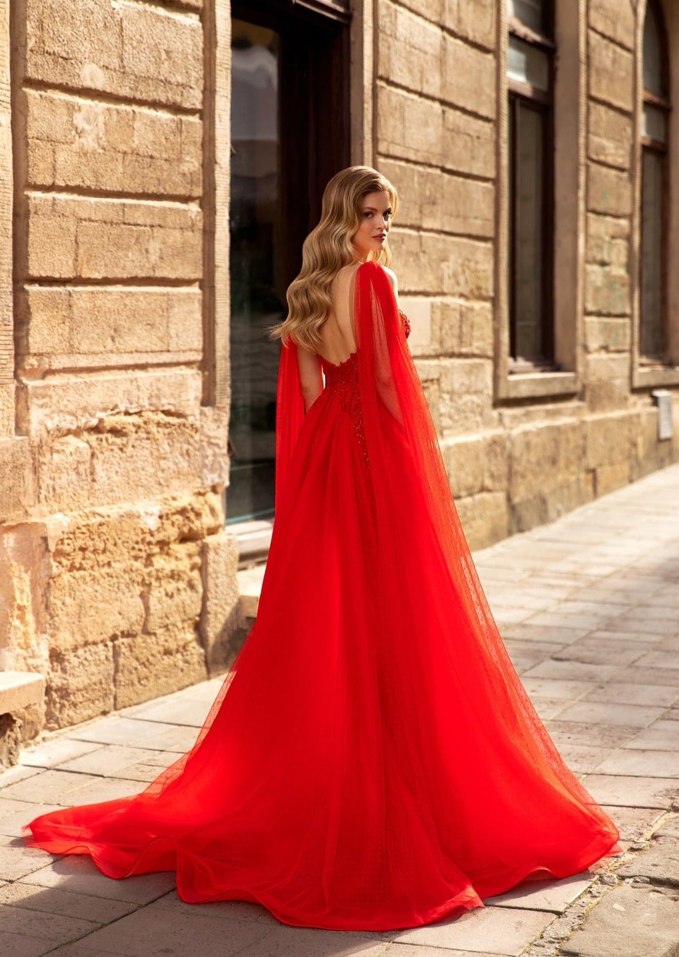 Classy Long Evening Dress in Red with Cape Red / 2 Classy Long Evening Dress in Red with Cape Red / 2