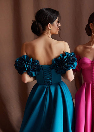 Romantic Off-Shoulder Satin Midi Prom Dress - Miss Mirelle