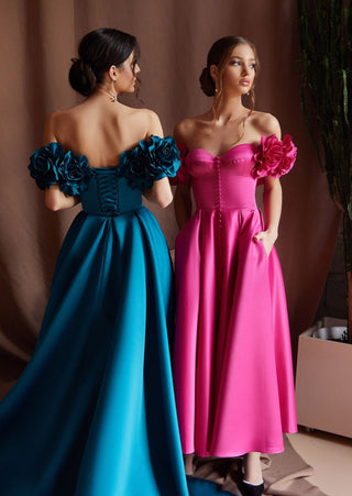 Romantic Off-Shoulder Satin Midi Prom Dress - Miss Mirelle