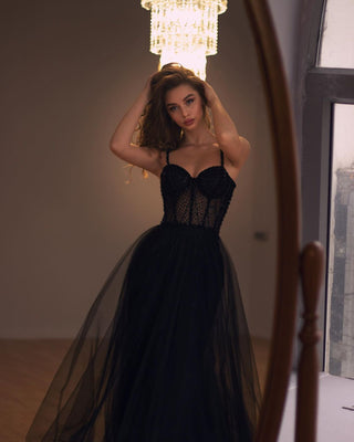 Gala-Ready Black Tulle Dress with Embroidered Bustier