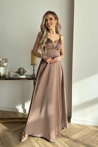 Marion - Mocha Beige Satin Gown with a Slit