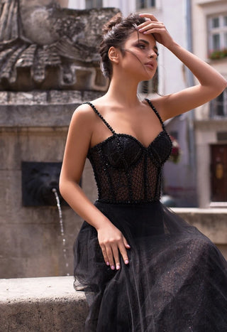 Gala-Ready Black Tulle Dress with Embroidered Bustier