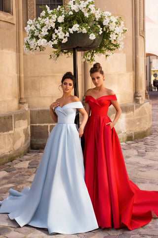 Off-Shoulder Red Evening Gown with Pockets - Miss Mirelle