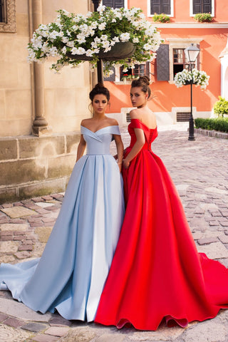 Off-Shoulder Red Evening Gown with Pockets - Miss Mirelle