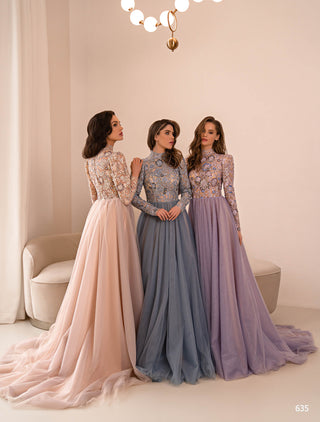 Mother-of-the-Bride Lilac Formal Gown with Lace Sleeves - Miss Mirelle
