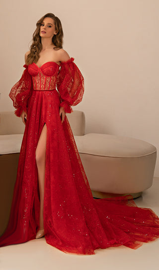 Off-Shoulder Sequin Gown with Train - Miss Mirelle