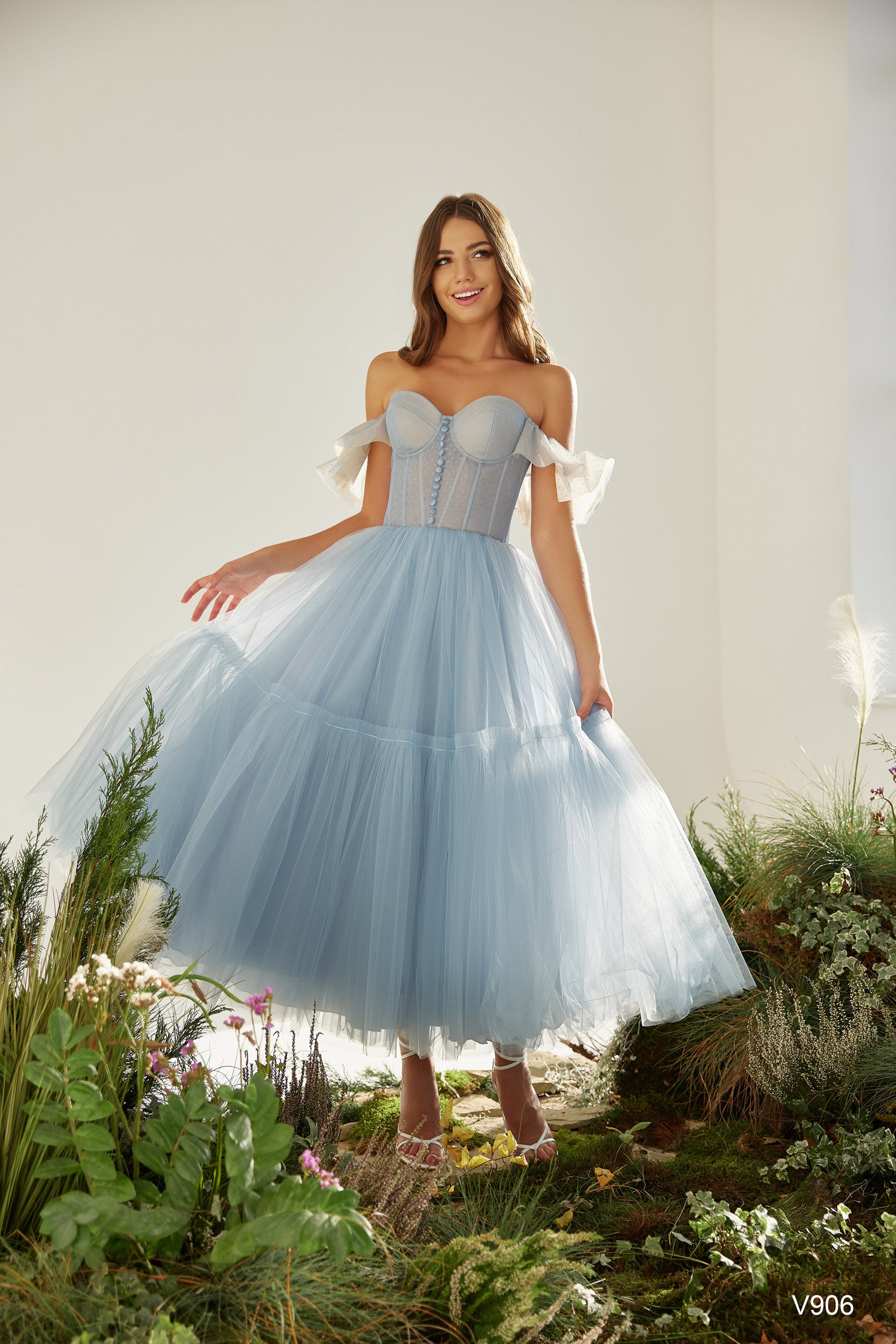 off shoulder tulle midi dress Off-Shoulder Strapless Pleated Tulle Midi A-Line Wedding Dress Liymc