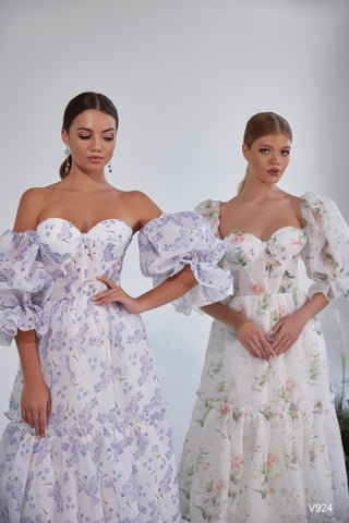 Sweetheart Floral Bridal Gown with Puff Sleeves - Miss Mirelle