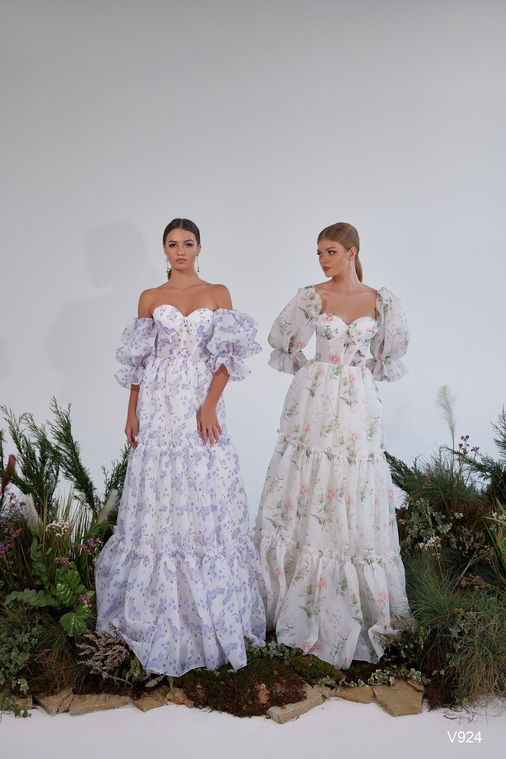 Sweetheart Floral Bridal Gown with Puff Sleeves Ivory/Lilac / 12 Sweetheart Floral Bridal Gown with Puff Sleeves Ivory/Lilac / 12
