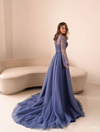 Mother-of-Bride Long Sleeved Sequin Blue Dress