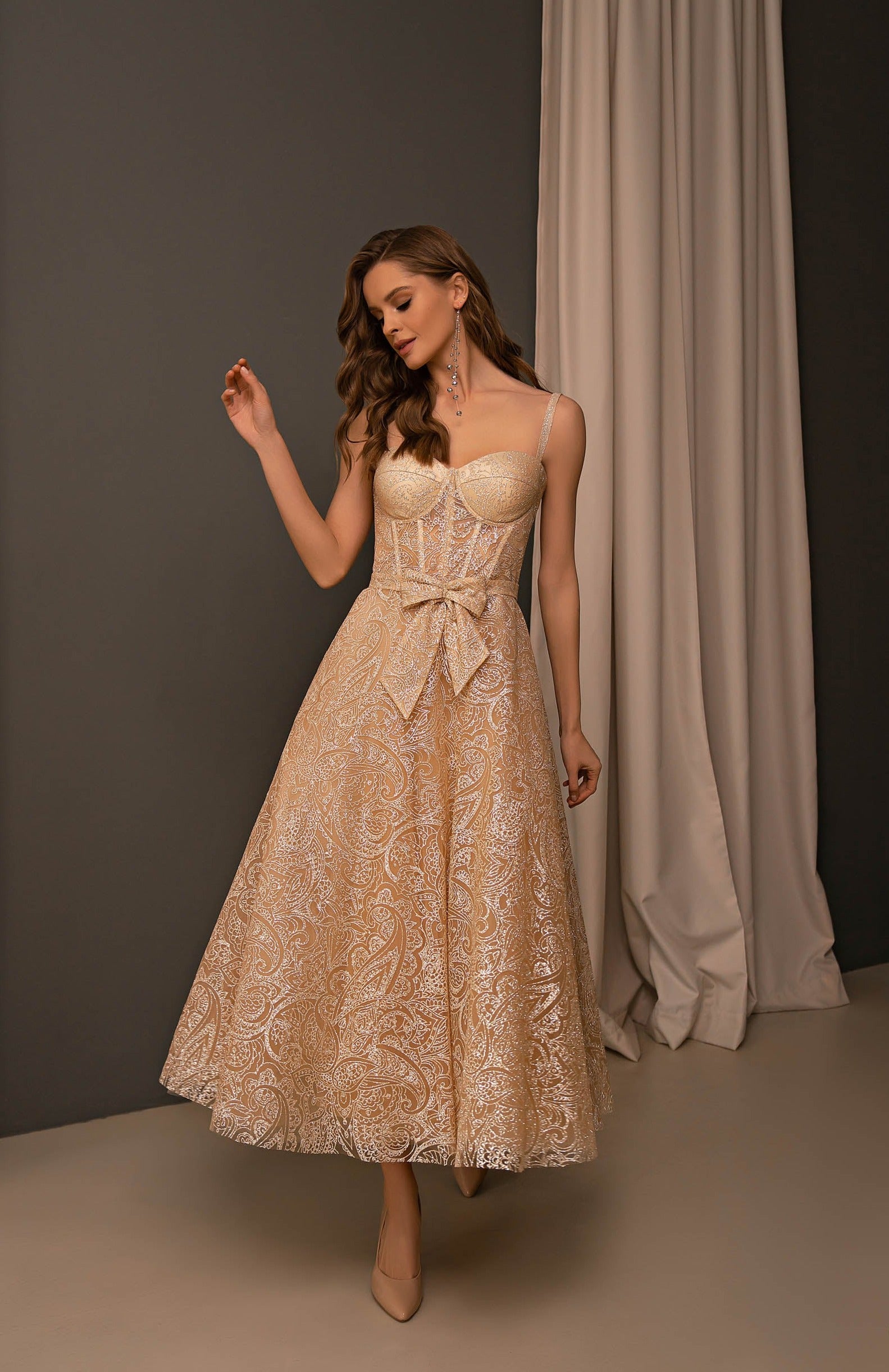 Golden Lace Formal Midi Dress with Bow Cappuccino / 4 Golden Lace Formal Midi Dress with Bow Cappuccino / 4