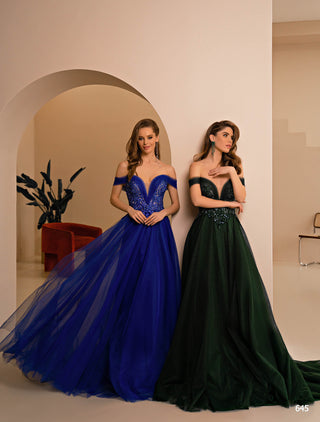 Royal Blue Off-Shoulder Beaded Tulle Gown  - Miss Mirelle