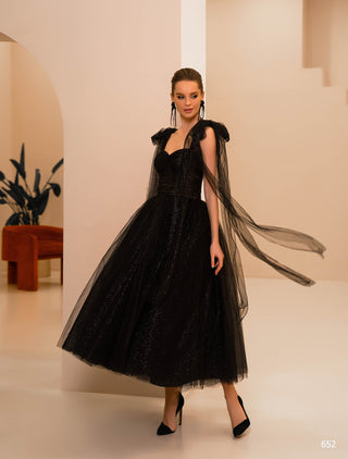 Tie-Strap Sparkly Cocktail Midi Dress in Black or Red - Miss Mirelle