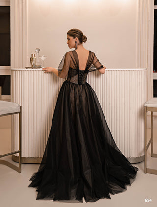 Off Shoulder Black Corset Ball Gown with Slit - Miss Mirelle