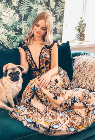 Maxi Dress with Tasseled Back and Boho Tribal Motifs - Miss Mirelle