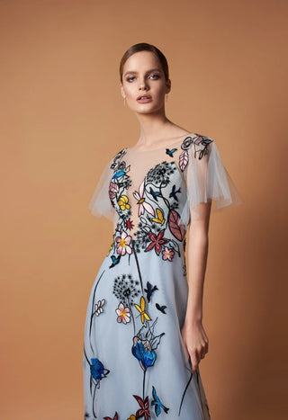 Embroidered Tulle Flutter Sleeve Gown