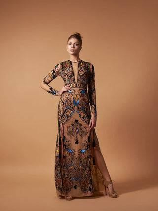 Boho Embellished Nude Effect Gown with Sleeves - Miss Mirelle