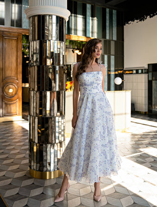Floral Midi Dress with Bow-Tie Straps - Miss Mirelle