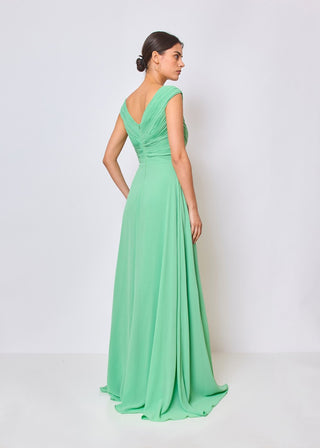 Sleeveless Gown with Slit and Surplice Gathered Bodice