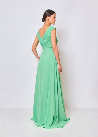 Selina - Sleeveless Gown with Slit and Surplice Gathered Bodice