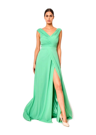 Sleeveless Gown with Slit and Surplice Gathered Bodice