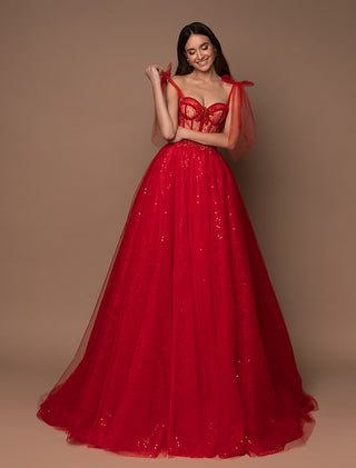 Sparkly Formal Ball Gown Evening Dress with Shoulder Bows - Miss Mirelle