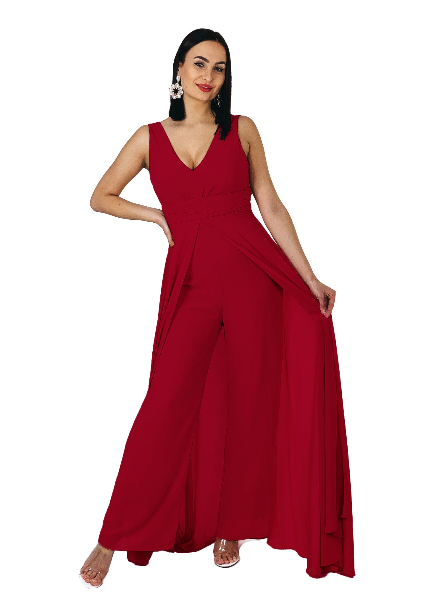 Formal Jumpsuit Pantsuit Dress With Pleated Waistline S / Emerald Formal Jumpsuit Pantsuit Dress With Pleated Waistline S / Emerald