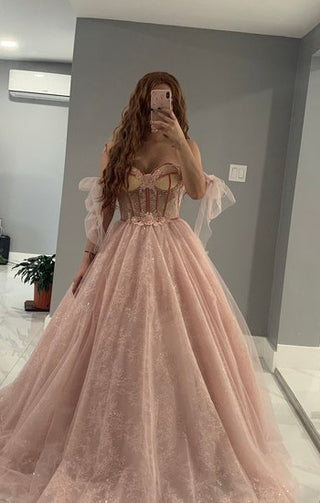 Sparkly Formal Ball Gown Evening Dress with Shoulder Bows