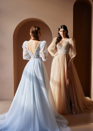 Beaded Lilac Ball Gown with Sleeves in Bohemian Style - Miss Mirelle