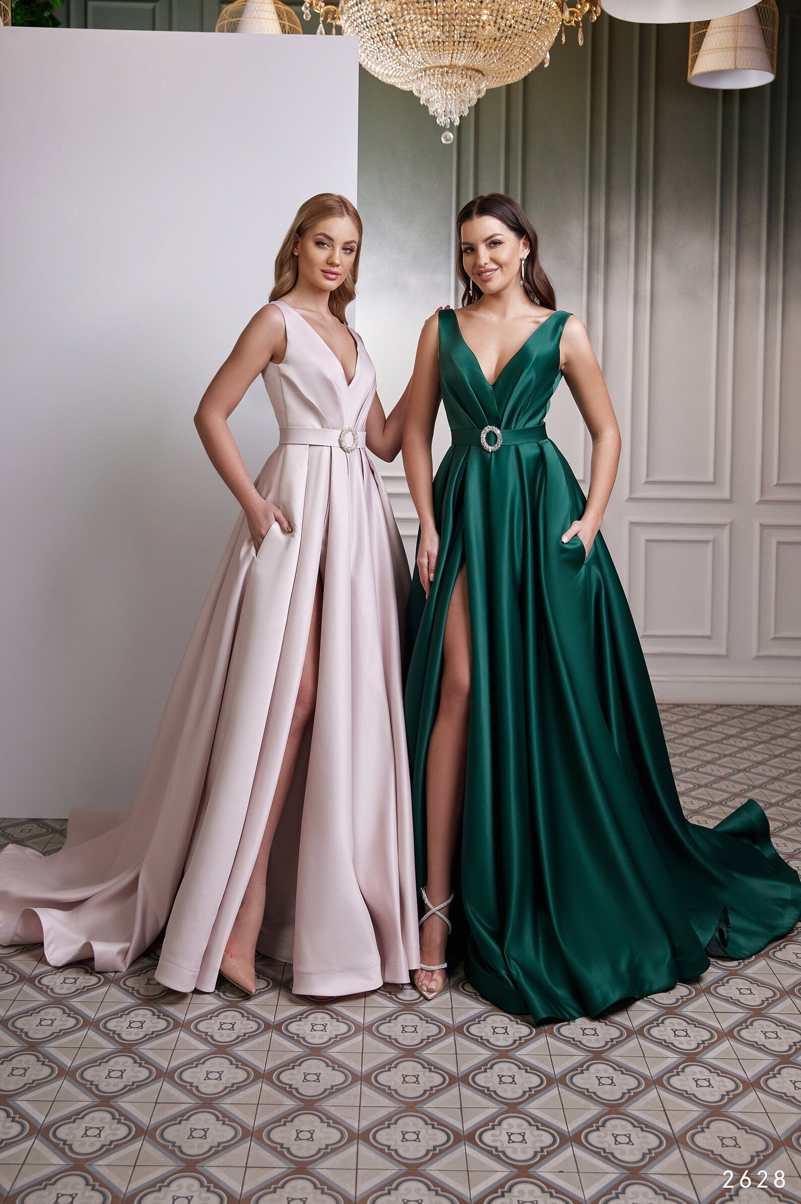 Emerald Green Satin Formal Gown with Pockets Emerald / 2 Emerald Green Satin Formal Gown with Pockets Emerald / 2