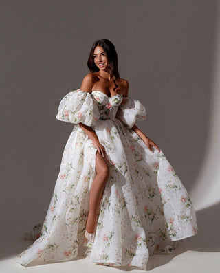 Floral Wedding Dress with Puff Sleeves - Miss Mirelle