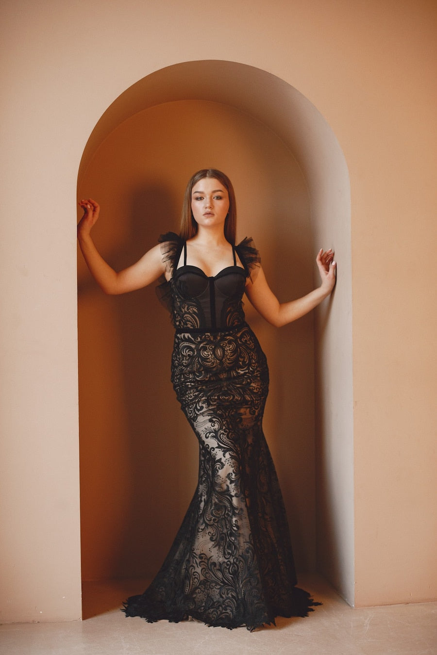Black Couture Gown With Ruffled Shoulders Black Couture Gown With Ruffled Shoulders