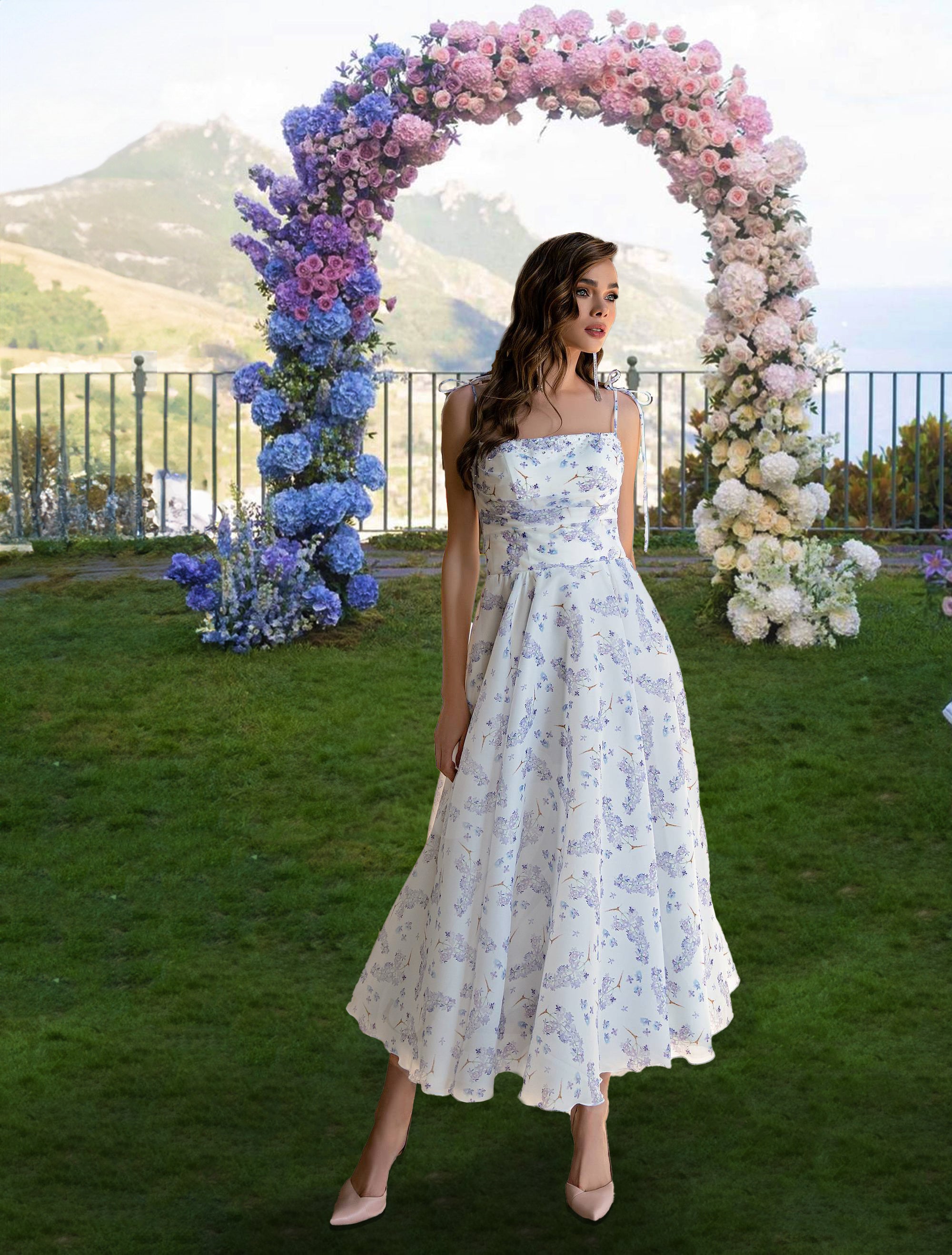 Floral Midi Dress with Bow-Tie Straps Lilac Print / 14 Floral Midi Dress with Bow-Tie Straps Lilac Print / 14