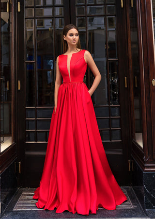 Red Satin Formal Gown with Pockets - Miss Mirelle