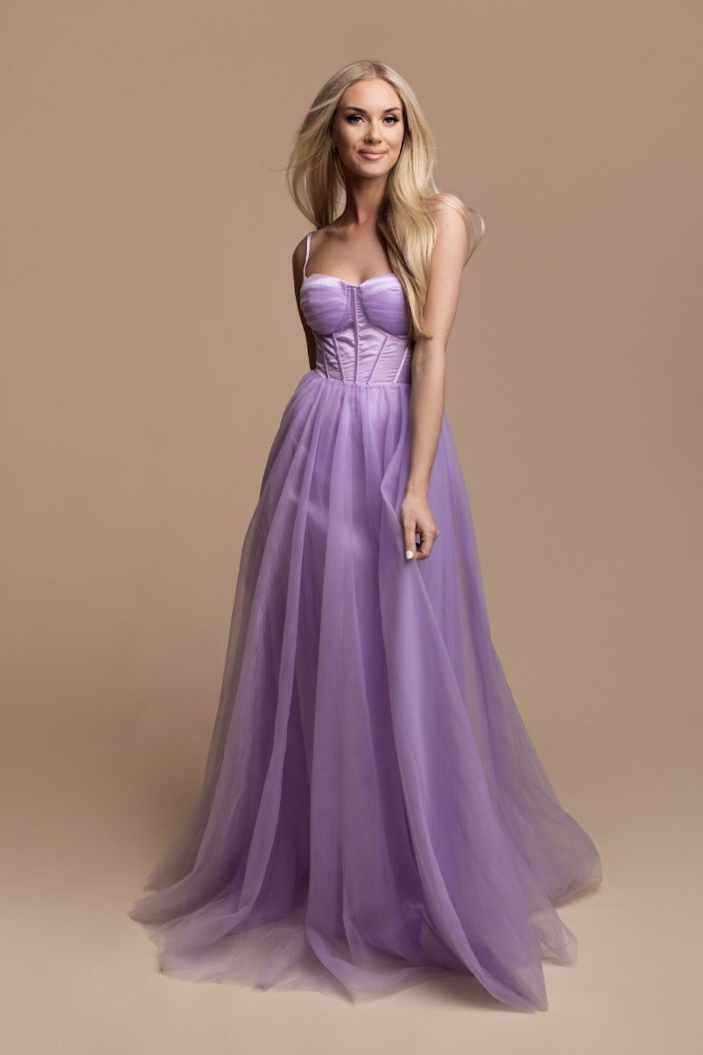 Melrose - Long Tulle Prom Dress with an Adjustable Lace-Up Back L / Lavender Melrose - Long Tulle Prom Dress with an Adjustable Lace-Up Back L / Lavender