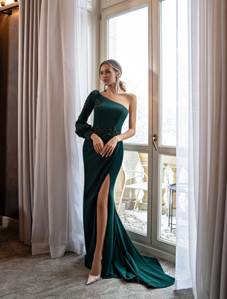 Elegant Satin One Sleeve Green Evening Dress with Train - Miss Mirelle