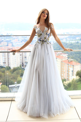 IRIS * Light Blue Ball Gown with Floral and Butterfly Design - Miss Mirelle