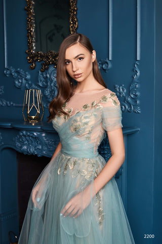 Off Shoulder Tulle Gown with Leaf Motifs - Miss Mirelle