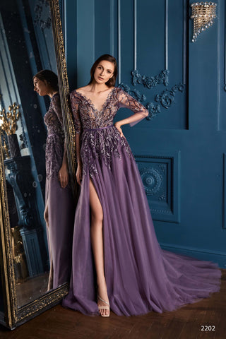 Sensual Embellished Long Sleeved Purple Dress with Train - Miss Mirelle
