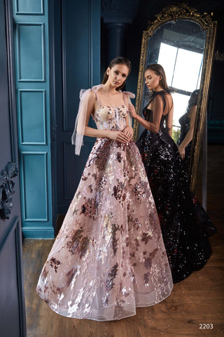 Metallic Pattern Bow Tie Shoulder Corset Gown - Miss Mirelle
