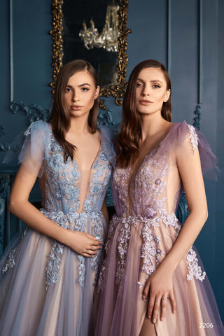Intricately Beaded Flutter Sleeve Tulle Gown with Slit - Miss Mirelle