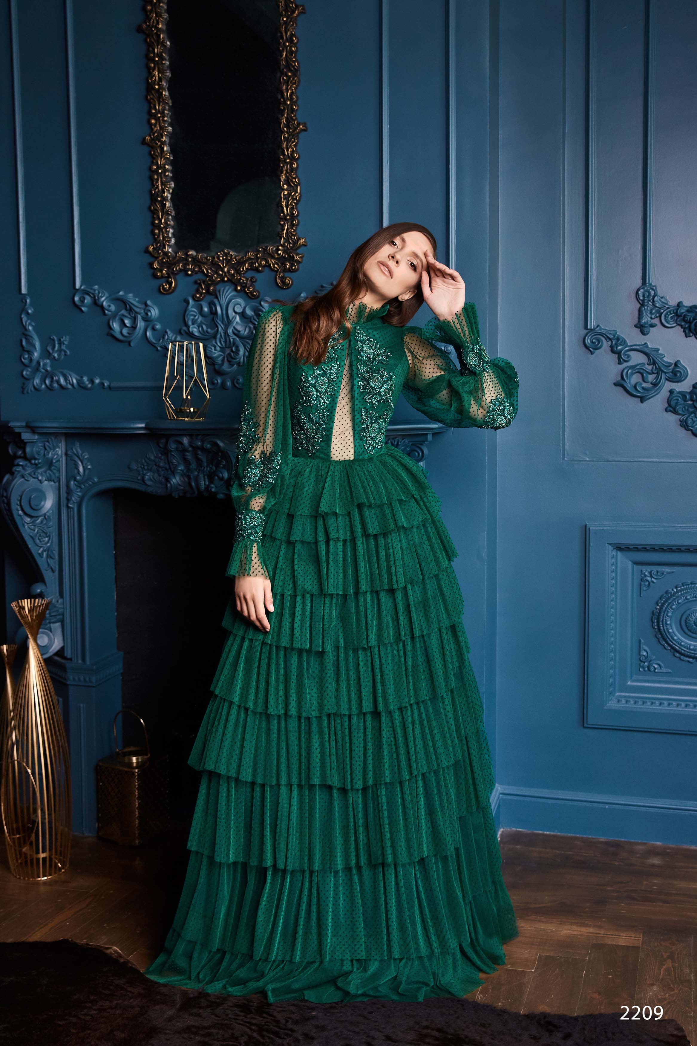 High Neck Ruffle Long Sleeve Tiered Formal Dress Powder / 6 High Neck Ruffle Long Sleeve Tiered Formal Dress Powder / 6