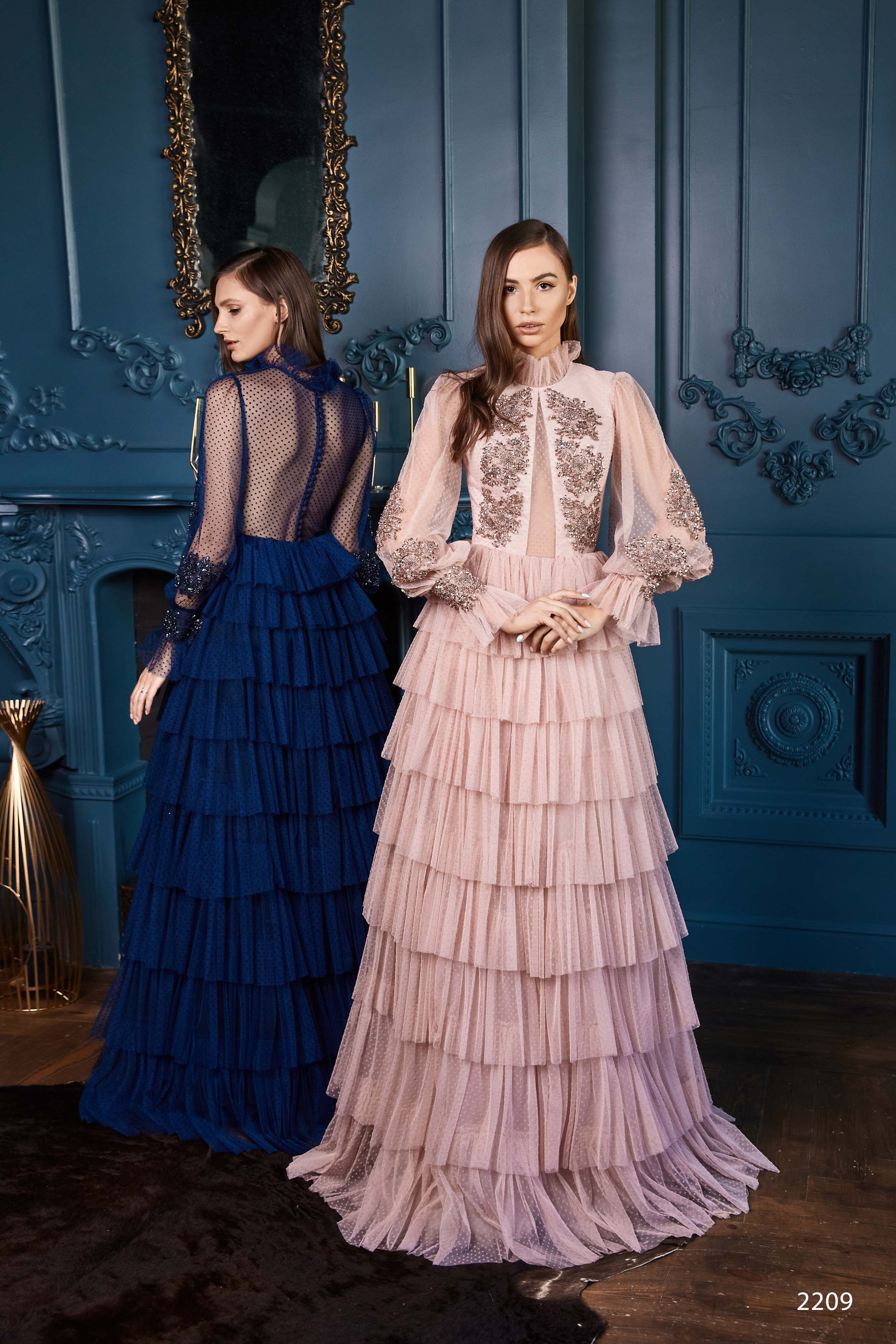 High Neck Ruffle Long Sleeve Tiered Formal Dress Powder / 6 High Neck Ruffle Long Sleeve Tiered Formal Dress Powder / 6